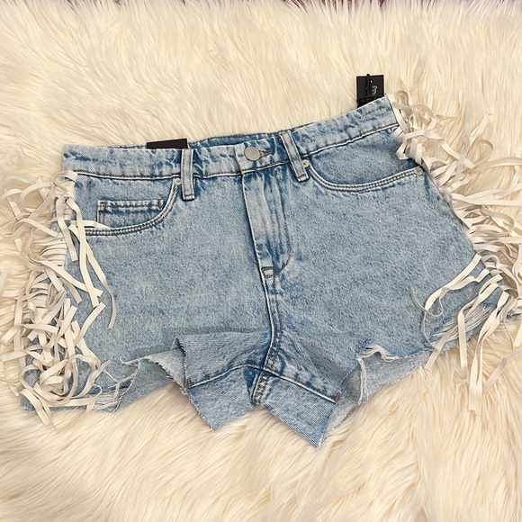 BLANK NYC Hi Rise Five Pocket Vegan Leather Fringe Cut Off Shorts - Picture 3 of 10